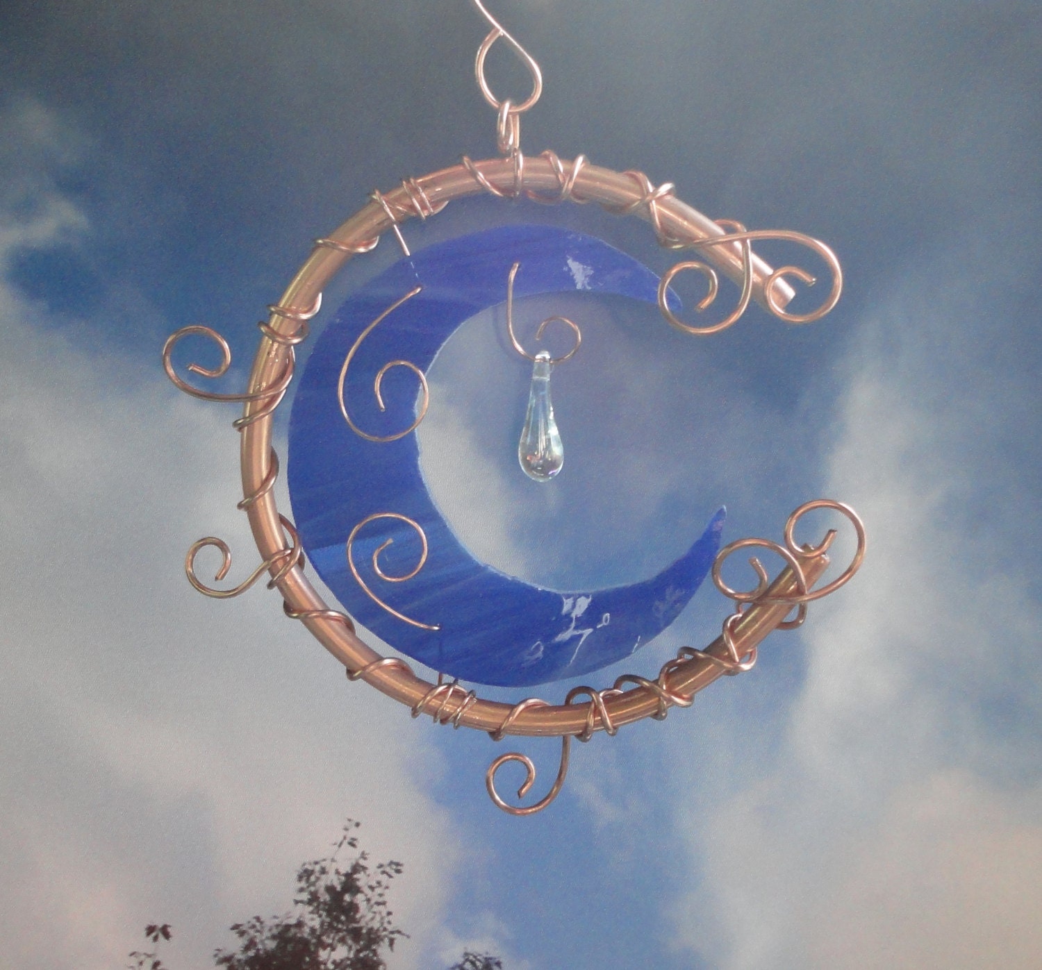 Stained Glass Moon Garden Sculpture Copper Art Blue Moon