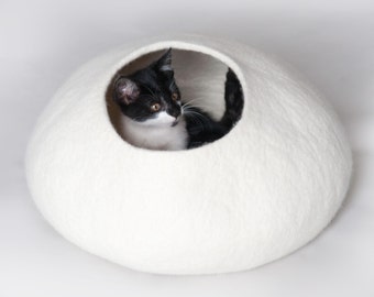 Cat Bed / Cave / House / Vessel - Hand Felted Wool - White Stone - Crisp Contemporary Design