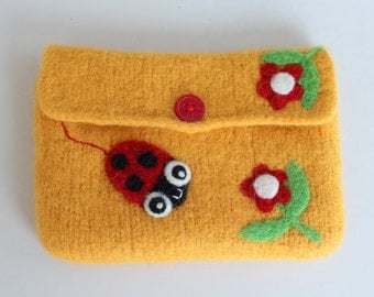 Felted bag pouch purse bag hand knit needle felted yellow wool needle felted ladybug ladybird flowers