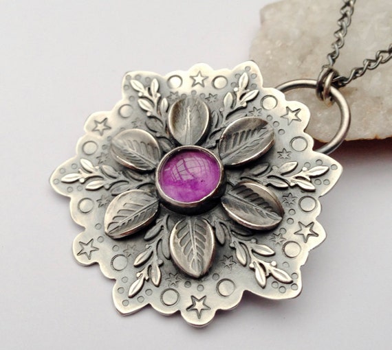 Botanical Silver Amethyst Pendant Necklace with Detailed Textured ...