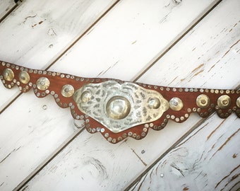 Vintage 50-60s leather belt,inlaid hand etched metal,pewter,nickel, western, cowgirl, folk, american,handmade vintage