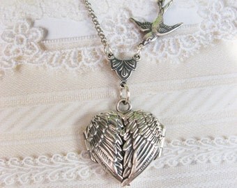 Silver Locket Necklace - Silver HEART Locket - My GUARDIAN ANGEL - Jewelry by BirdzNbeez - Wedding Birthday Bridesmaids Gift