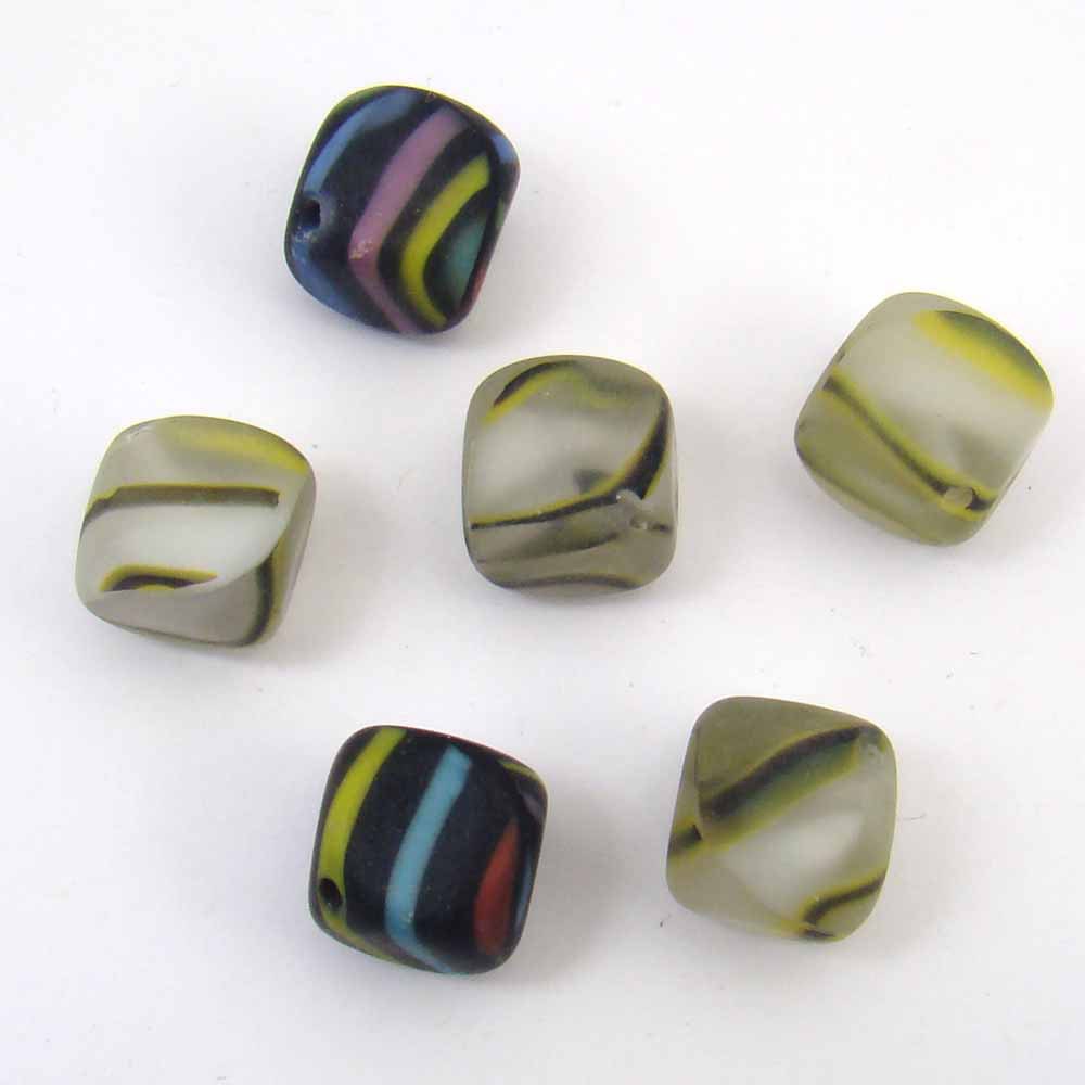6 pcs striped glass cube beads, assorted color vintage ...