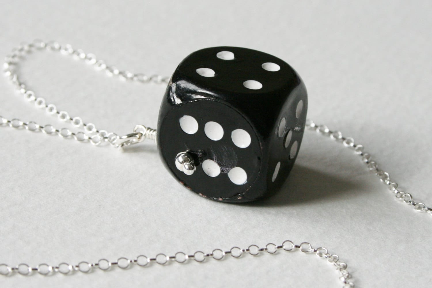 Dice Charm Necklace Sterling Silver Chain Black