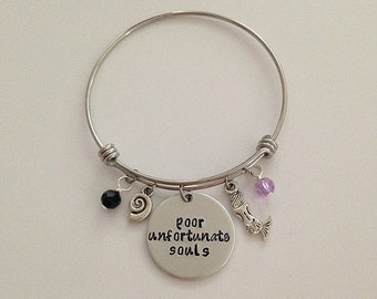 Disney Little Mermaid bangle bracelet "poor unfortunate souls" Ursula Ariel disney jewelry charm bracelet disney villain hand stamped