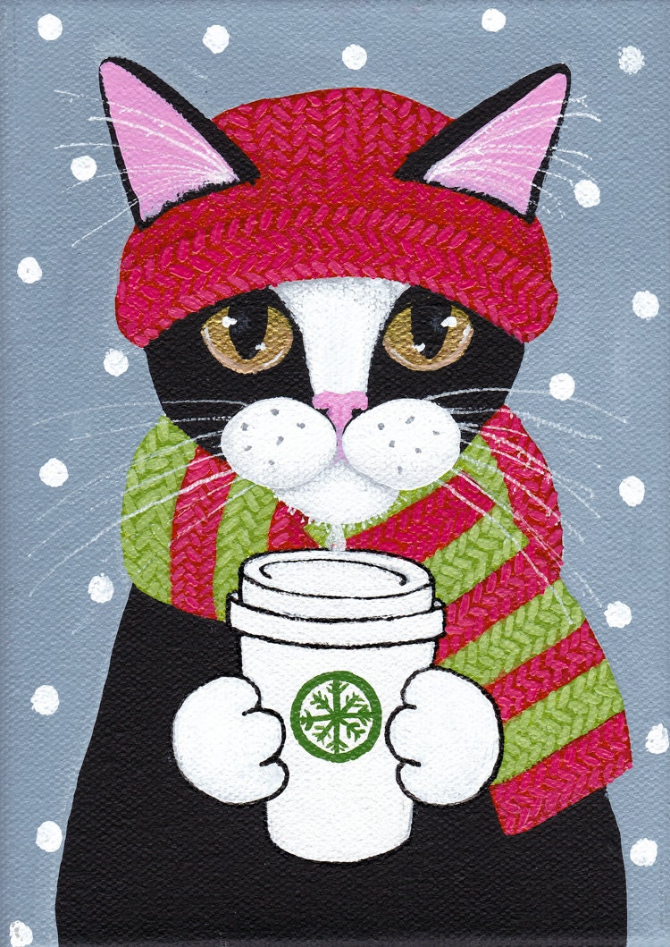 Winter Coffee Cat  Original Folk Art  Painting