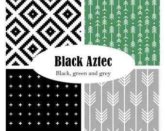Custom Crib Bedding-3 piece-Black Aztec-Black, Green, Grey, modern crib bedding