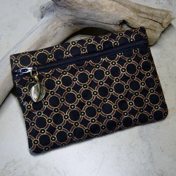 Coin Purse Zippered Black Fabric Coin Purse Black & Gold