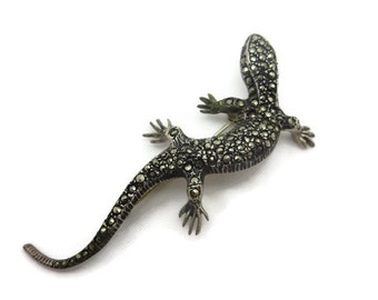 Judith Jack Brooch - Vintage Sterling Silver Marcasite Salamander, Pink Tourmaline Eyes, Costume Jewelry