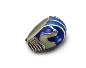 Enamel Silver Ring - Chinese Export, Blue, Swans, Adjustable