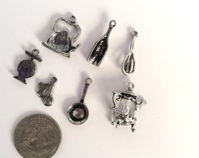 Set of Food Cooking Kitchen Themed Charms Antique Silver-tone