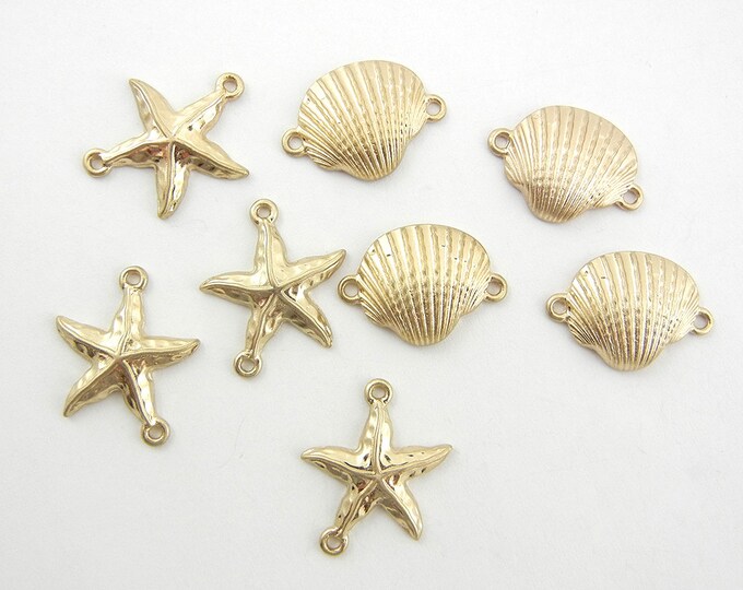 9 Small Marine Shell and Starfish Charms Double Link Gold-tone