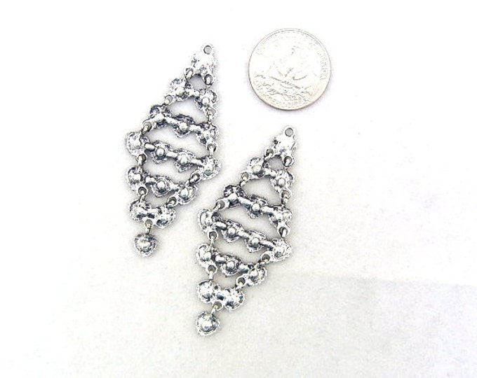 Pair of Antique Silver-tone Heart Chandelier Drop Charms Colored Rhinestones