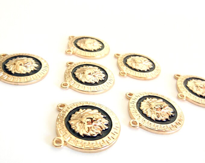 7 Double Link Round Gold-tone Lion Head Charms with Greek Design and Black Epoxy