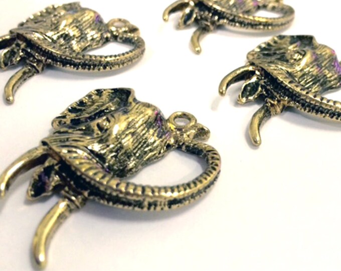 Set of 4 Elephant Head Charms Antique Gold-tone