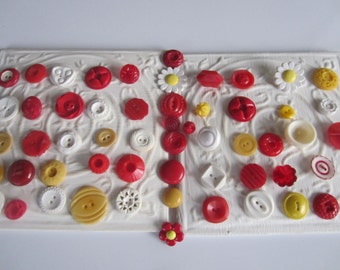 Vintage Buttons - Cottage chic mix of red yellow and white lot of 58 old and sweet(apr 131b)