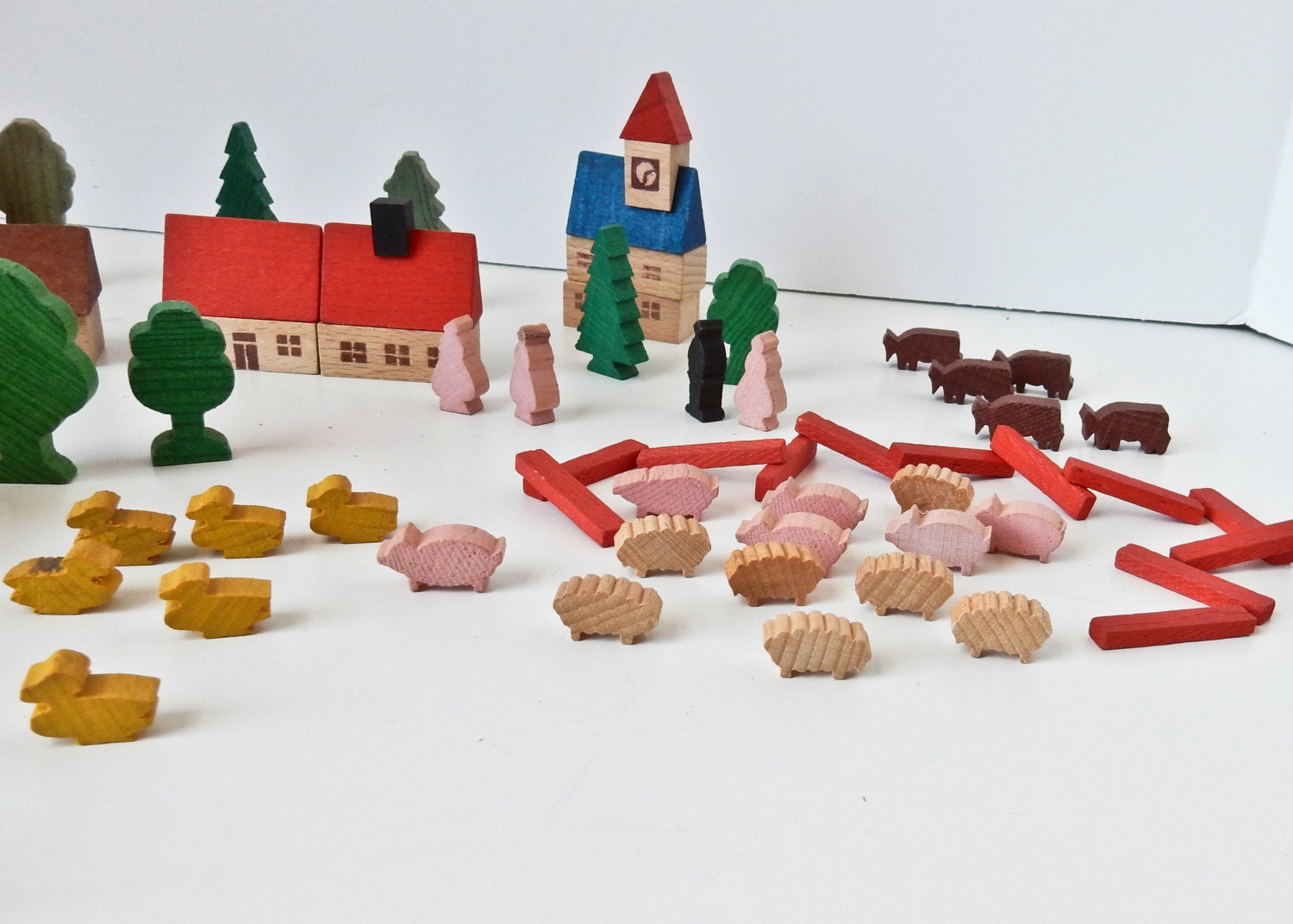 Toy Wood Village Farm Set 85 Wood Blocks East Germany