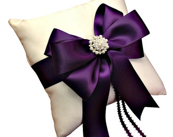 Plum Ring Pillow - Bridal Pillow - Pearl Ring Pillow - Plum Wedding - Ringbearer Pillow - White Bridal Pillow - 30 Colors Available