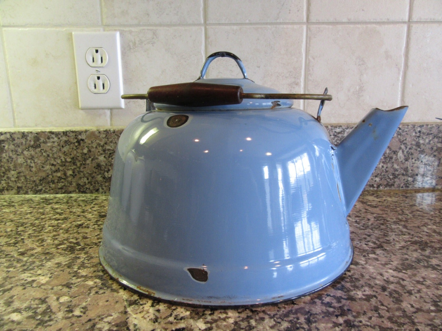 Beautiful vintage blue enamelware teapot or kettle with lid
