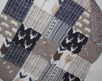 baby quilt- baby boy quilt-minky baby quilt- elk baby quilt- navy and gray baby quilt- baby bedding- arrow baby quilt- woodland baby bedding