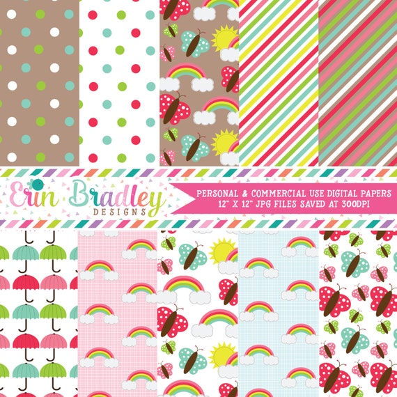 Digital Scrapbook Paper Rainbows and Butterflies Personal & Commercial Use Instant Download Il_570xn