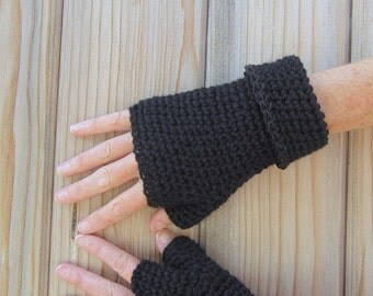 men's fingerless gloves/ simply black wool n' hemp cuff crochet