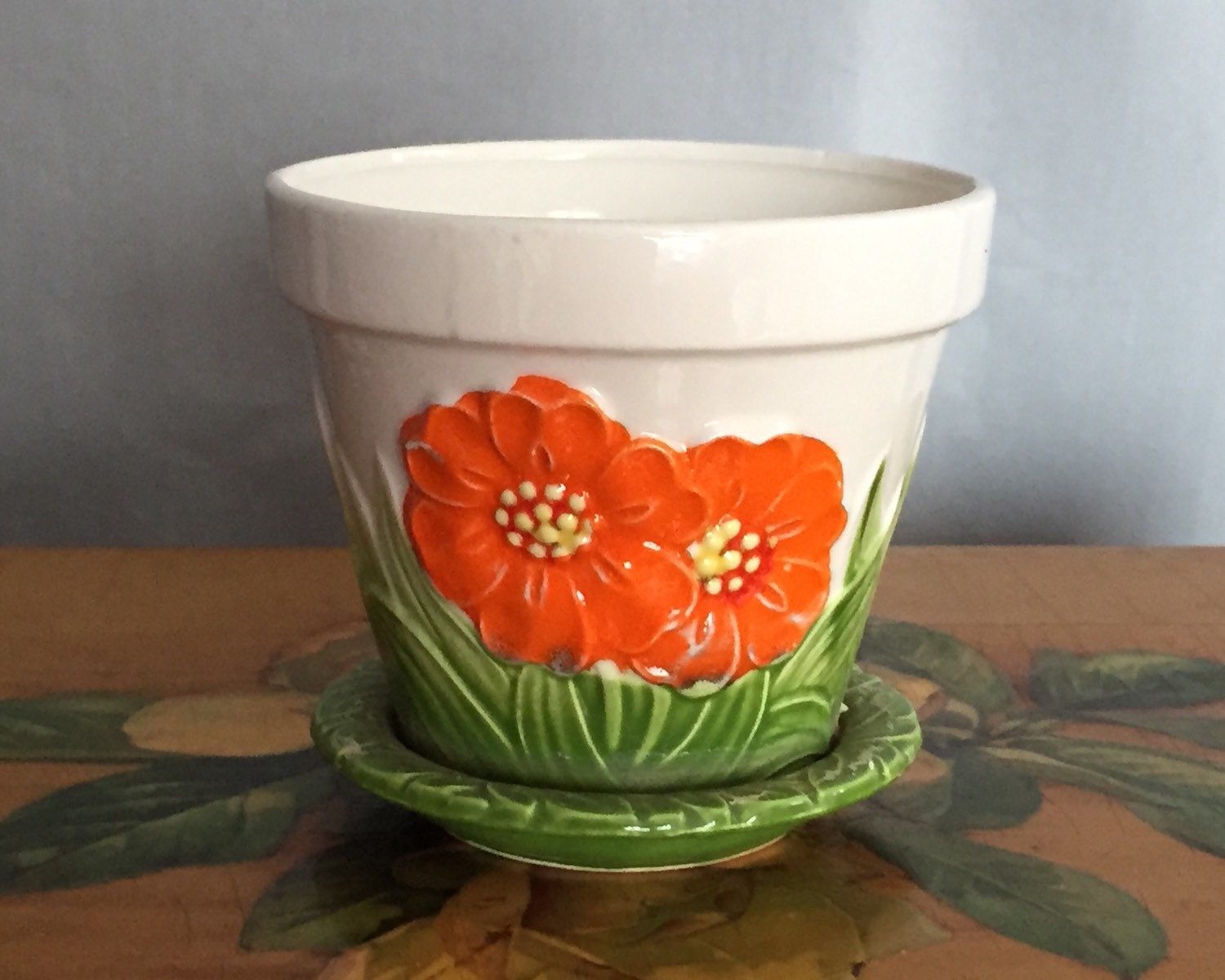 Flower Pot Orange Flowers Green Foral Vase Ceramic White Cream