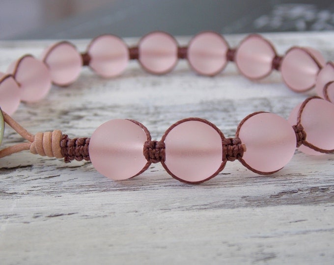 Pale Pink Recycled Seaglass Knotted Leather Wrap Bracelet Natural Elements Boho Wrap Bohemian Beachy Jewelry