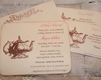 Tea Party Baby Shower Invitation with Diaper Raffle inserts, A Baby is Brewing Invitation, Boy or Girl or Neutral, Custom Handmade Set of 10