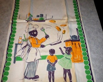 vintage Black Americana chef cook flipping pancakes for boy & girl children art deco border linen kitchen tea TOWEL