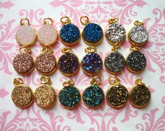Druzy,, Pendant Charm, 11 mm Round, 24 Gold Plated or Sterling Silver druzzy drussy druse ap31.8 bd gcp10