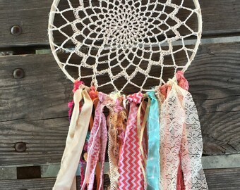 Boho Chic Dream Catcher, Coral and Aqua dreamcatcher for Boho Baby Shower or Boho Wedding shower or Ceremony, 12" handmade Party Decoration