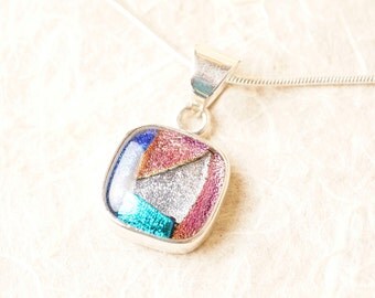 Handmade Dichroic Fused Glass and Sterling Silver .925 Pendant Necklace