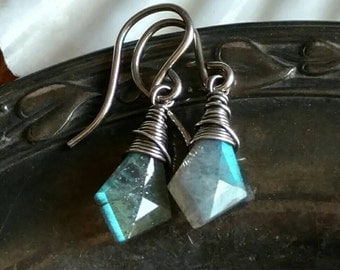 Oxidized sterling silver blue green labradorite earrings - wire wrapped handmade jewelry