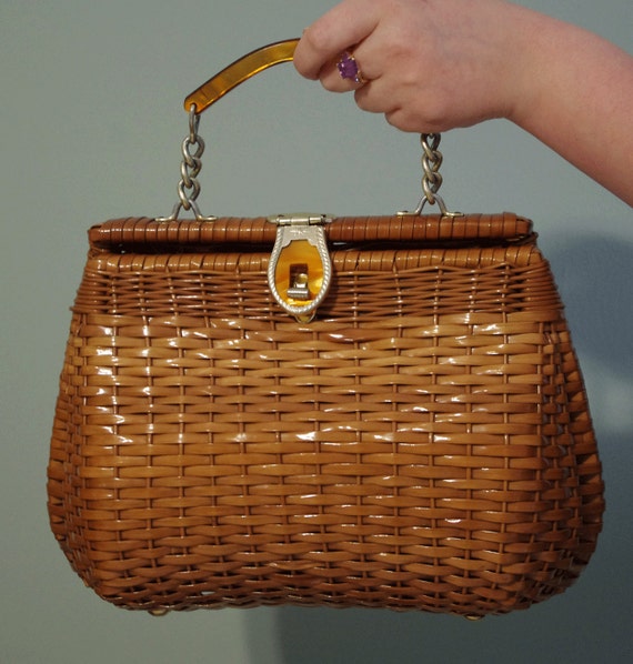 Vintage Tan Beige Rattan Wicker Bamboo Purse Handbag from Hong