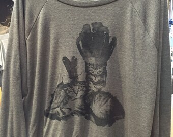 Native Kitty Cats Pullover Slouchy "Sweatshirt" T shirt American Made Coffee Brown S M or L