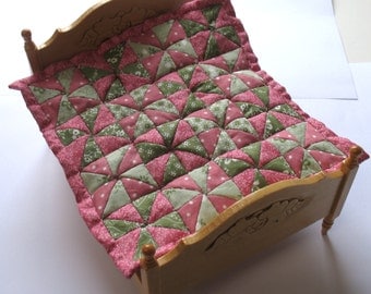 Dollhouse Miniature Patchwork Quilt in 12th Scale - Pink and Green Triangles
