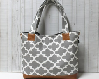 READY TO SHIP Grey Fulton Quatrefoil with Vegan Leather - Tote Bag / Diaper Bag - Medium/ Large Bag