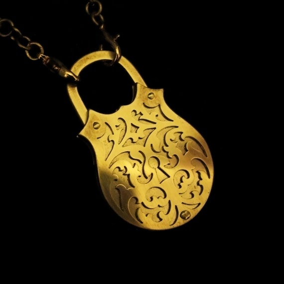 Padlock Locket Ornate Baroque Srolls Gold Brass Necklace