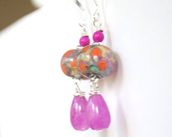 Pink Teardrop Earrings, Lampwork Glass Earrings, Glass Bead Earrings, Pink Earrings, Impressionist Earrings