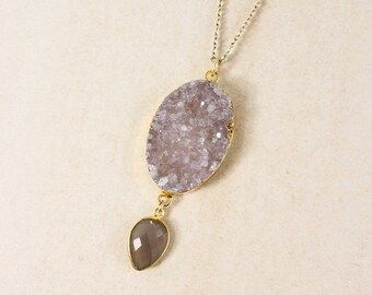 50% OFF SALE - Gold Grey Agate Druzy Necklace - Grey Chalcedony - Long, Layering Necklace