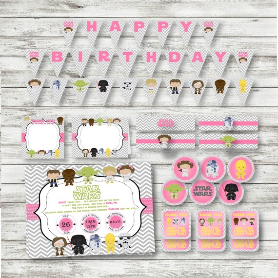 Pink Star Wars PARTY PACK Pink Star Wars Birthday Invitation