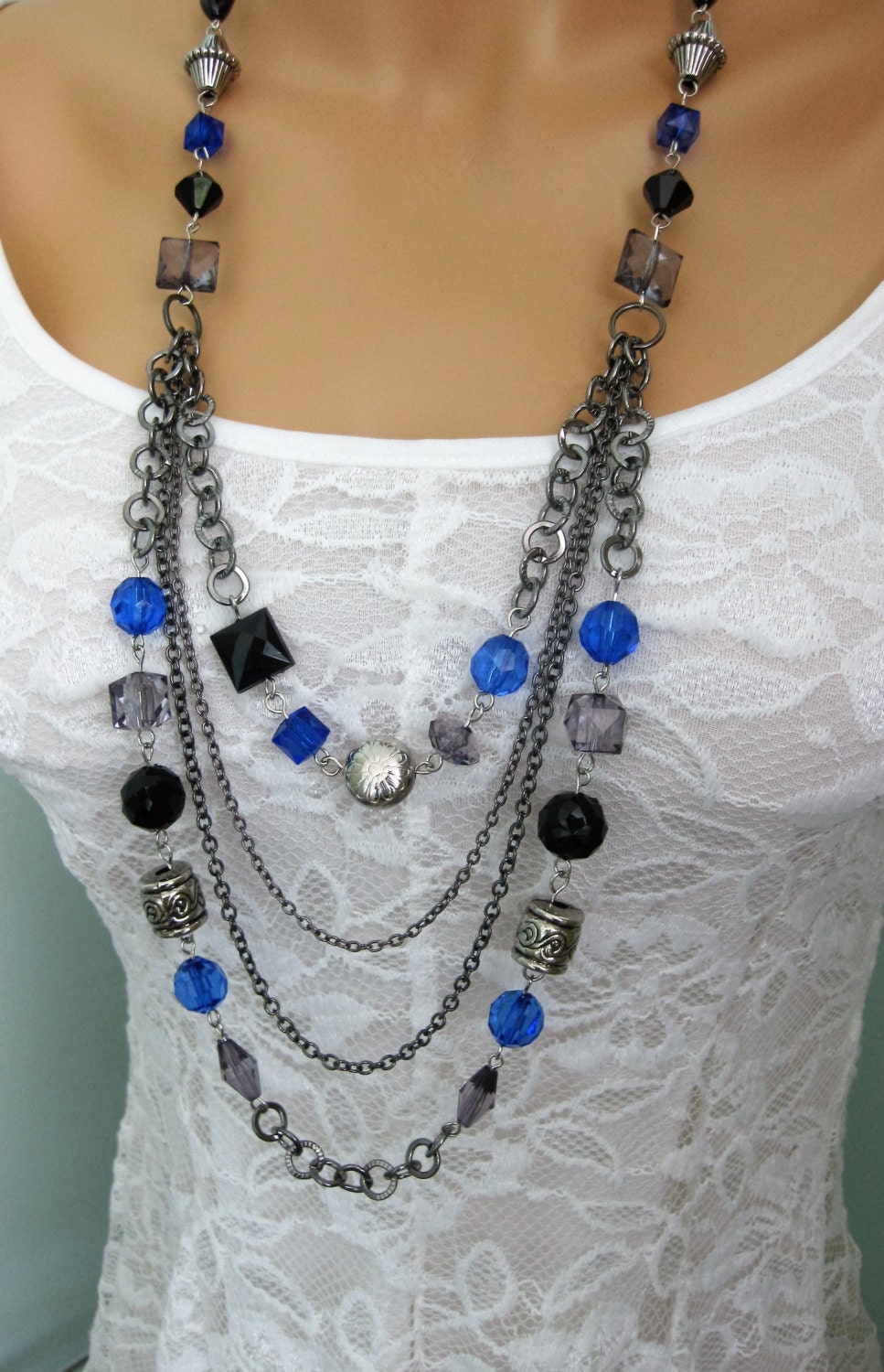 Long Necklace Long Black and Blue Beaded by RalstonOriginals