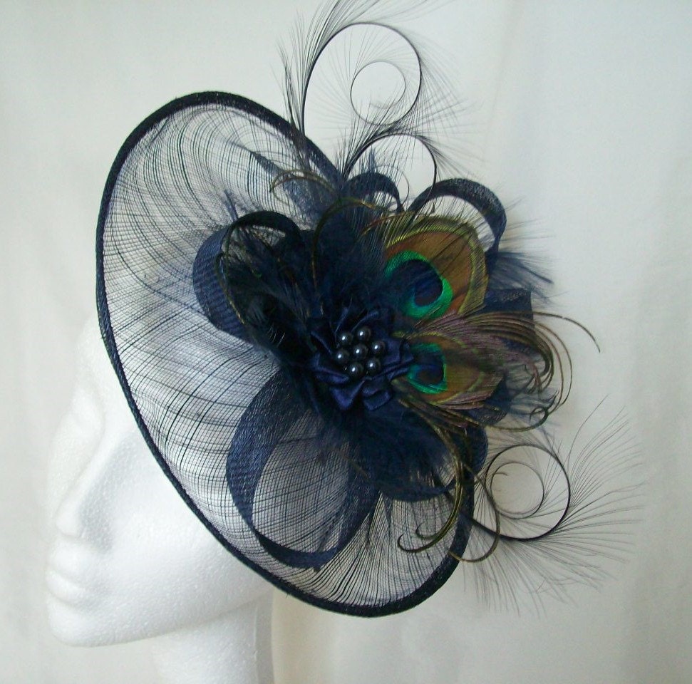 Light Navy Blue Peacock Feather Sinamay Saucer Pheasant Curl 3863