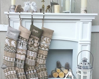 Personalized Knit Christmas Stockings Large 28" Earth Tone Modern Fair Isle Owl Fox Squirrel Bird Knitted Intarsia Nordic Woodland