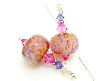 Pink Earrings, Boro Glass Earrings, Lampwork Earrings, Glass Bead Earrings, Glass Earrings, Glass Bead Jewelry, Pink Purple Earrings