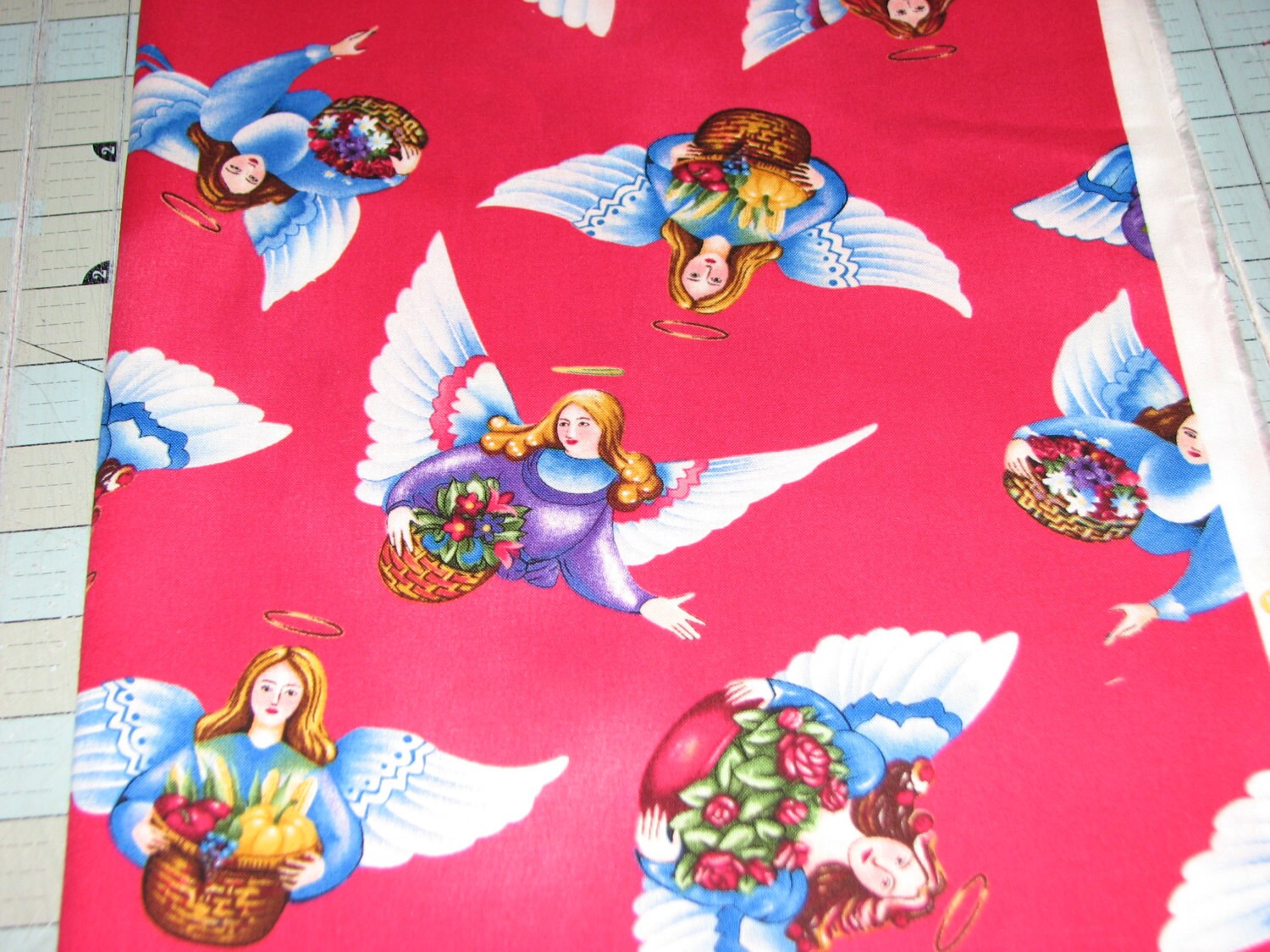 1 yd Christmas Angels Fabric red Background Quilt 100 Cotton