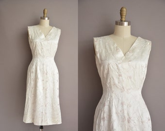 50s white satin embroidered vintage wiggle dress / vintage 1950s dress