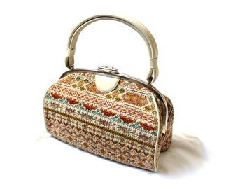 vintage purse 50's tapestry handbag top handle geometric carpet wrist bag 1950's womens
