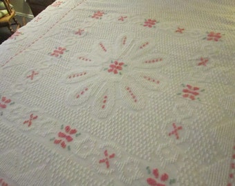 vintage CHENILLE bedspread - 94 x 102 - white with pink and green floral pattern, fringe edging, chenille spread